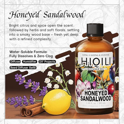 HIQILI Honeyed Sandalwood Diffuser Oil for Car Air fresheners, Ultrasonic or Reed Diffuser, Relaxing & Cozy, Hotel Scent - 3.38 Fl Oz