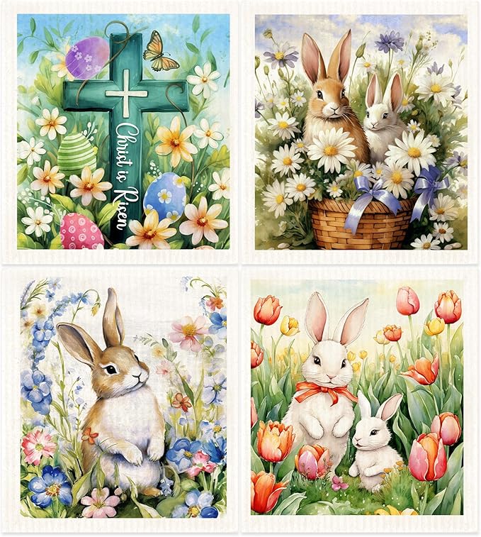 Easter Swedish Dishcloths for Kitchen Spring Flower Swedish Dish Towels,Cellulose Sponge Cloths,Non Scratch Reusable Paper Towels, Biodegradable and Reusable Kitchen Dish Rags