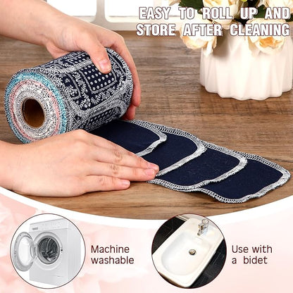 VitalCozy 50 Pcs Reusable Toilet Washable Bidet Towels Rerollable Cloth Wipes Paperless Towels Roll Absorbent Cotton for Kitchen Paperless Dishcloths (Vintage Flower)