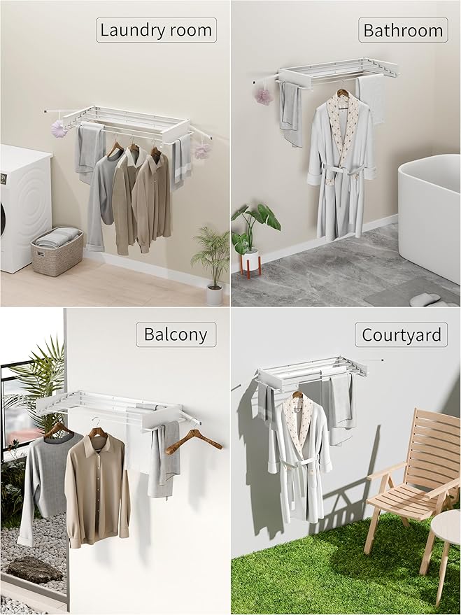 JOOM Laundry Drying Rack Collapsible, Wall Mounted Drying Rack, Clothes Drying Rack, 31.5" Wide, 5 Aluminum Rods, 60 lb Capacity (White 31.5" with Hooks)