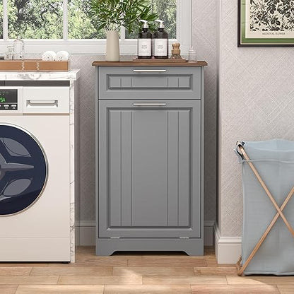 Single 10 Gallon Tilt Out Trash Can Cabinet with Deodorizing Function, Wooden Hidden Garbage Can Holder with Storage Drawers for Kitchen and Dining Room, Laundry Hamper Cabinet for Bathroom, Grey