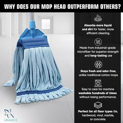 2 Pack - Replacement Heavy Duty Microfiber Mop Head | Robust, Blue, Machine Washable, Extra Absorbent, Extra Large, for Industrial, Commercial & Floor Cleaning - Hardwood, Tile, Laminate, Vinyl Floors