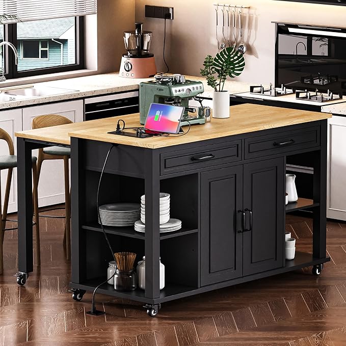 47" Kitchen Island with Extendable Dining Table, Movable Farmhouse Kitchen Islands with Storage Rack, Power Outlet, Island Table on Wheels with 2 Storage Drawers & 2 Cabinets, Black