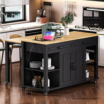 47" Kitchen Island with Extendable Dining Table, Movable Farmhouse Kitchen Islands with Storage Rack, Power Outlet, Island Table on Wheels with 2 Storage Drawers & 2 Cabinets, Black