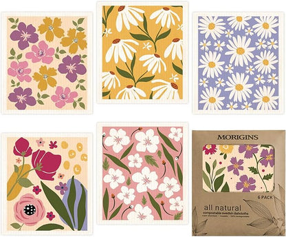 Swedish Dishcloths for Kitchen 6 Pack Flowers Cellulose Sponge Cloths Non Scratch Reusable Paper Towels No Odor, Biodegradable and Reusable Kitchen Dish Rags (Wildflowers)