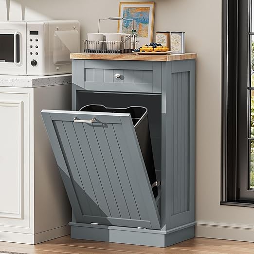 AHB 13 Gallons Tilt Out Trash Cabinet, Hidden Trash Can Cabinet Kitchen Wooden Tilt Out Pet Proof Hidden Trash Bin for Kitchen Living Room, Blue