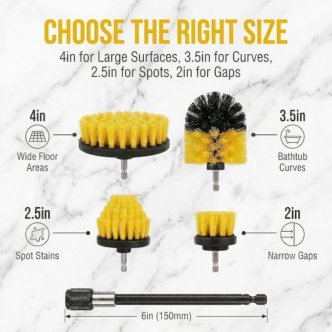 Drill Brush Attachment Set, 5 Pack Power Scrubber Cleaning Brush Kit with Extension Rod for Bathroom, Tub, Tile, Grout, Kitchen, Floor and Wheel Rims (Yellow)