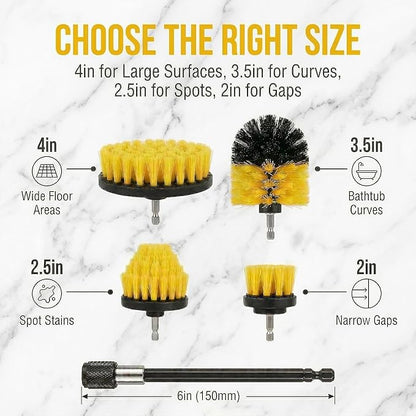 Drill Brush Attachment Set, 5 Pack Power Scrubber Cleaning Brush Kit with Extension Rod for Bathroom, Tub, Tile, Grout, Kitchen, Floor and Wheel Rims (Yellow)