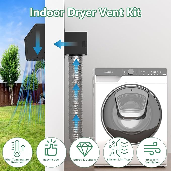 Metal Indoor Dryer Vent Lint Trap Box, 4" Secondary Dryer Lint Catcher Kit with 5FT Hose & Stainless Steel Clamps, Easy to Install for Electric Clothes Dryer, 90-degree Dryer Vent Filter (Black)