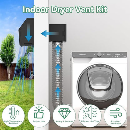 Metal Indoor Dryer Vent Lint Trap Box, 4" Secondary Dryer Lint Catcher Kit with 5FT Hose & Stainless Steel Clamps, Easy to Install for Electric Clothes Dryer, 90-degree Dryer Vent Filter (Black)