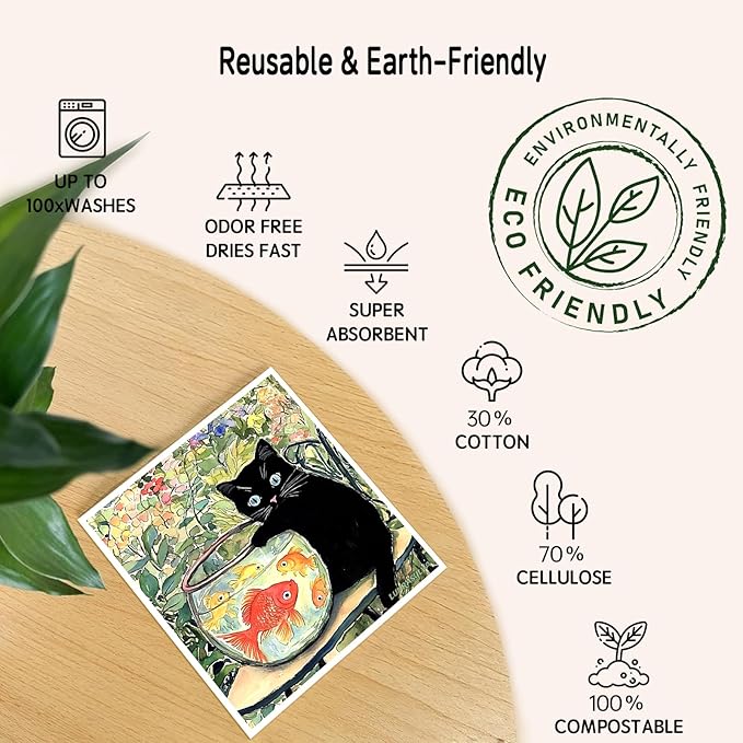 Swedish Dishcloths for Kitchen 6 Pack, Reusable Paper Towels Super Absorbent, Biodegradable Quick Drying Washable Dish Cloths Dishwasher Safe, Cleaning Cloths with WaterColor Design (Black Cat)
