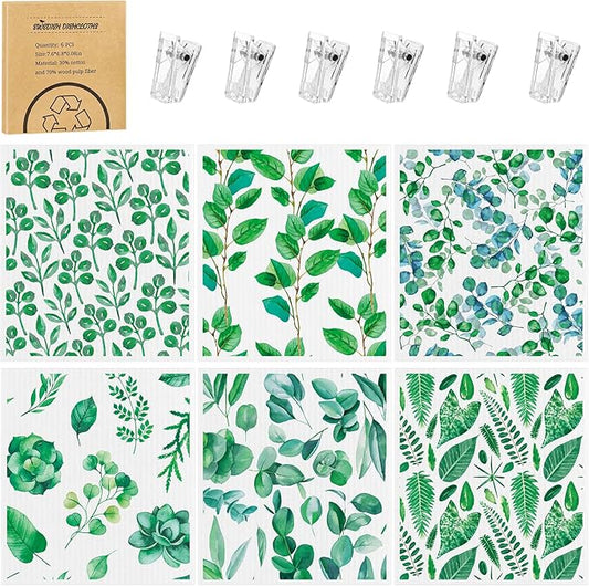 Needbrock 6 Pack Swedish Dishcloths for Kitchen, Swedish Rags Absorbent Green Leaf Dish Cloths with Adhesive Clips, Reusable Paper Towels No Odor for Countertop Dishes Cleaning