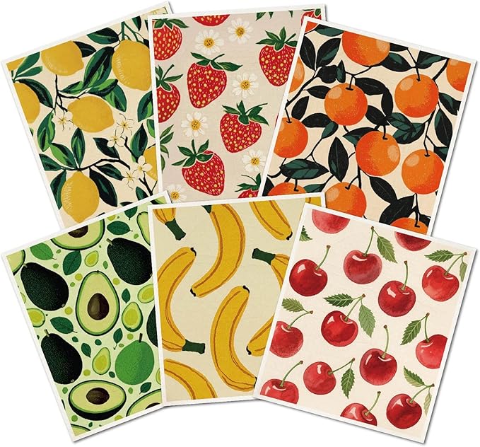 6Pcs 6 Styles Fruit Dish Cloths Swedish Kitchen Dishcloths Reusable Wash Towels Rectangle Cellulose Sponge Cherry Strawberry Lemon Banana Avocado Orange Mixed Pattern for Kitchen Cleaning