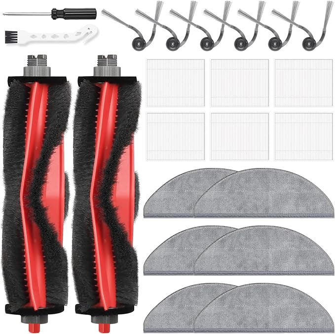 22 Pack Replacement Accessories for Roborock Q7 M5 / Q7 M5+ / Q7 L5 / Q7 L5+ Robot Vacuum Cleaner, 2 Main Brushes 6 Side Brushes 6 HEPA Filters 6 Mop Pads 1 Cleaning Brush 1 Screwdriver