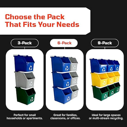 Multi Bin Recycling System with Three Stackable 6 Gallon Recycle Bins for Kitchen Use – Recycling Trash Can Set for Office, Garage, Businesses (6 Pack Blue/Green)