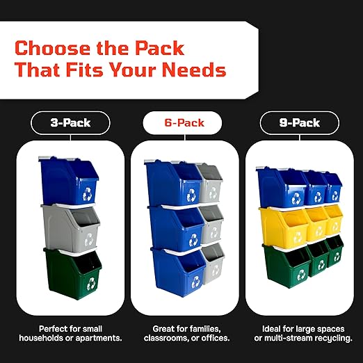 Multi Bin Recycling System with Three Stackable 6 Gallon Recycle Bins for Kitchen Use – Recycling Trash Can Set for Office, Garage, Businesses (6 Pack, Blue/Grey)