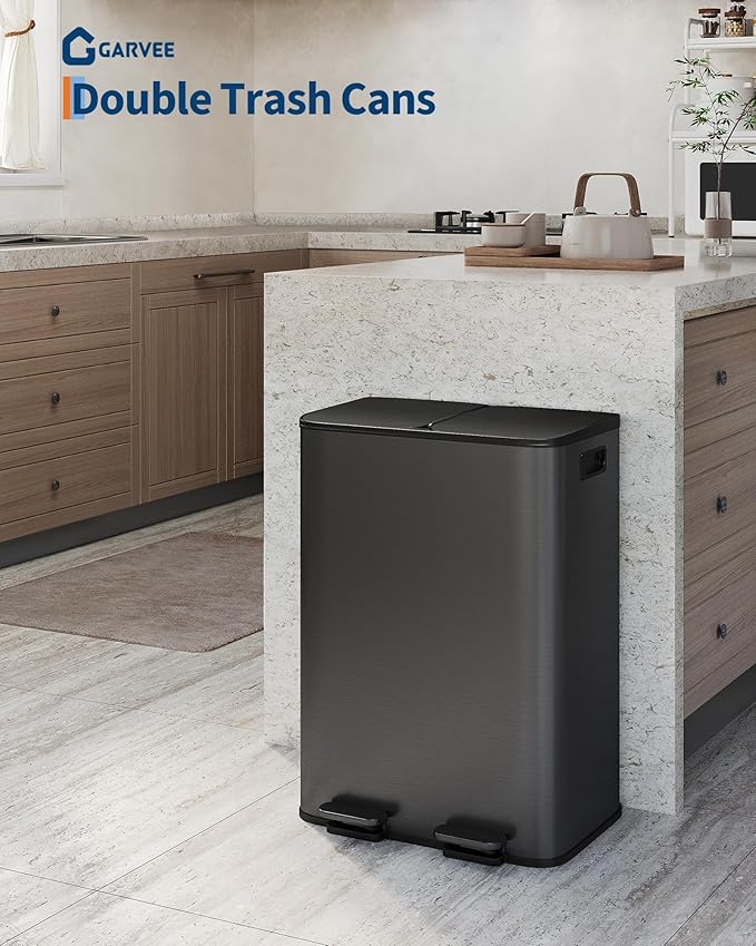 16 Gallon/60 L Dual Compartment Trash Can - 2 x 8 Gal (2 x 30 L) Stainless Steel Garbage Recycling Bin with Soft Close Lids, Removable Liner Buckets, Step on Kitchen Waste Container