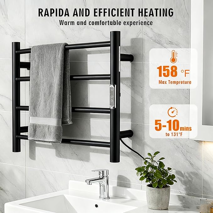 (1 Pack) Electric Towel Warmer with Built-in Timer - Wall Mounted Bathroom Heated Towel Rack, Plug-in Design Black