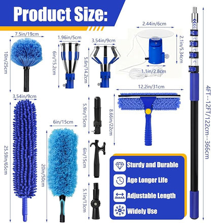 20FT Light Bulb Changer for High Ceilings with 5-12FT Heavy Duty Extension Pole,High Ceiling Fan Duster Extendable Reusable Cobweb,Feather,Window Cleaning Squeegee Kit for Home & House,Interior Roof