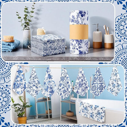 Tinlade 36 Pack Reusable Cleaning Cloths Washable Cotton Kitchen Towels Bulk 11.81 x 9.84 Inches Absorbent Dish Towels Roll for Home Kitchen Cleaning Supplies 12 Styles (Swedish Blue Floral)