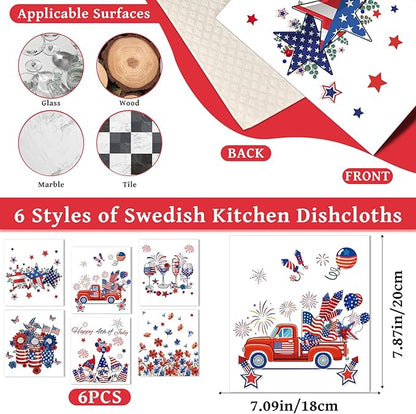 Patriotic Swedish Kitchen Dishcloths, 6 Pack 4th of July Dish Cloths Towel, Reusable America Flag Sponge Cleaning Cloths for Independence Memorial Day Home Decoration Gifts 7 x 8 in