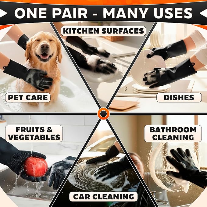 ALPENKOK Silicone Dishwashing Gloves with Scrubber – Non-Slip Silicone Gloves wor Washing Dishes | Household Use