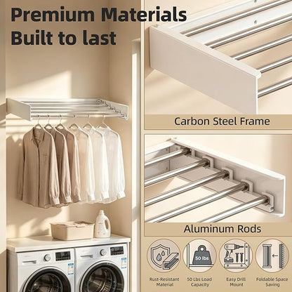 Wall Mounted Clothing Drying Rack 40“ Folds to 1.2” Ultra-Thin Space Saving Clothes Laundry Rack Holds 60 lbs Rust-Resistant Collapsible Space Aluminum for Apartment, RV, Laundry Room, White