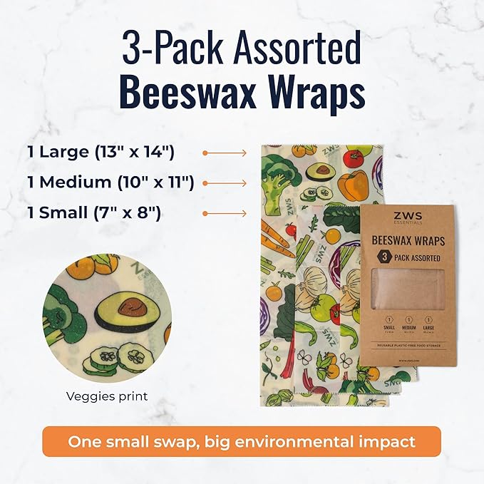 Beeswax Wraps, Reusable Cotton Food Storage Set for Kitchen, Lunch, Bread, Snacks, Bowls. Eco-Friendly Plastic-Free Alternative. 3-Pack Assorted - Veggies by Zero Waste Store
