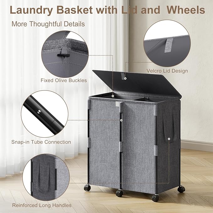 140L Double Laundry Hamper with Lid and 6 Wheels, Rolling Laundry Basket with 2 Removable Bags, Heavy Duty Metal Frame Clothes Cart, 2-Section Laundry Sorter for Bedroom, Bathroom (Grey)