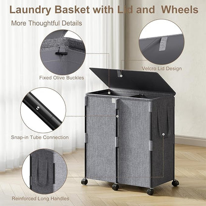 140L Double Laundry Hamper with Lid and 6 Wheels, Rolling Laundry Basket with 2 Removable Bags, Heavy Duty Metal Frame Clothes Cart, 2-Section Laundry Sorter for Bedroom, Bathroom (Grey)
