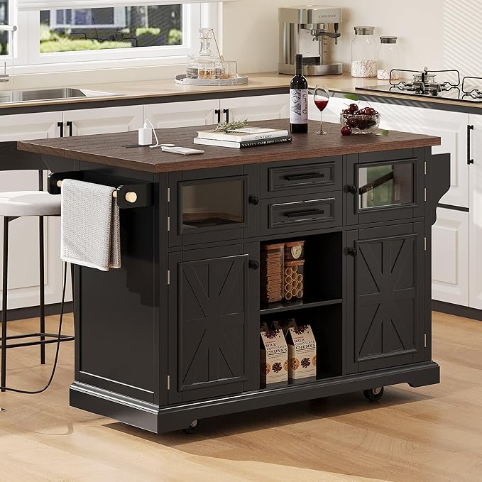54.9" Large Kitchen Island with Drop Leaf, Power Outlet, Kitchen Storage Islands with Cross Barn Doors & Visual Glass Door, Rolling Kitchen Cart on 4 Wheels, Black