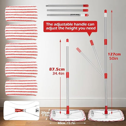 Masthome Extra Large Microfiber Mop for Floor Cleaning, 16“ Flat Mop with 5 Pad for Wet & Dry Use, Dust Mop for Hardwood Laminate Tile Ceramic, 1 Cleaning Scraper Included-Red