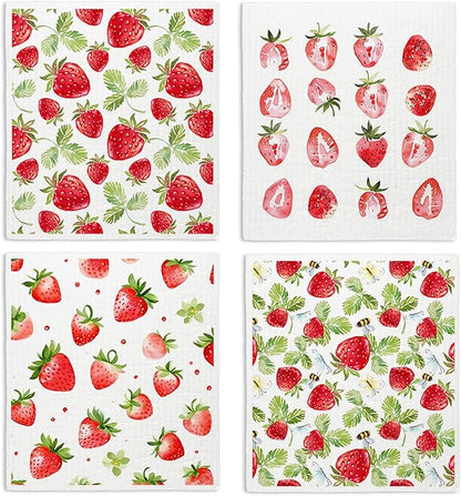 Strawberries Swedish Dishcloths for Kitchen, Pink Swedish Dish Cloths for Friut, Papaya Reusable Paper Towels, 4 Pack Cleaning Cloth for Kitchen, Reusable Paper Towels Washable