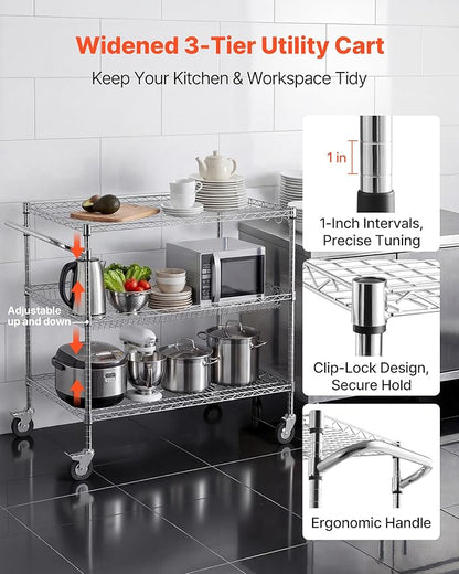 VEVOR Kitchen Utility Cart, 3 Tier Heavy Duty Adjustable Wire Storage Rack, Commercial Steel Rolling Service Trolley on Wheels, Work Table with Handle Bar, for Garage and Laundry Room, 40x25x40.9 in