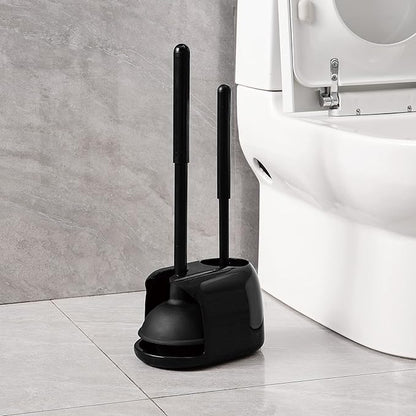 Eyliden Toilet Plunger and Brush Set | 2-in-1 Bathroom Cleaning Tools with Holder | Unclogs Toilets, Deep Cleans Bowls | Compact Caddy Stand | Nylon Bristles, Durable Plastic, Black