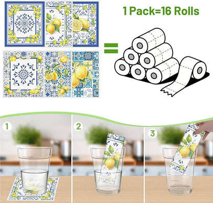 Blue Tiles Lemons Swedish Dishcloths, 6 Pack Reusable Swedish Dish Cloths for Kitchen, Washable Absorbent Dish Towel Rag Set Cellulose Sponge Cloths Housewarming Gifts