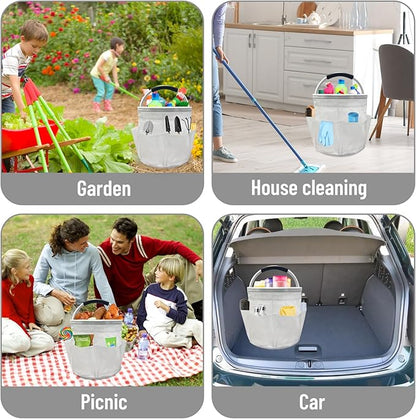 17L Cleaning Caddy with Handle, Foldable Cleaning Supply Caddy with 6 Pockets Cleaning Caddy Bag for Outdoor Camping Garden Harvest Basket Bathroom Storage (Clear)