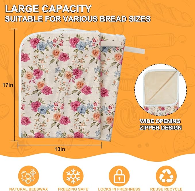 New L-shaped Zipper Beeswax Bread Bags 2 Pack, Floral Bread Bags for Homemade Bread, Natural Beeswax Lining Reusable Bread Bag for Bread Freshness Extends Shelf Life