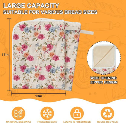 New L-shaped Zipper Beeswax Bread Bags 2 Pack, Floral Bread Bags for Homemade Bread, Natural Beeswax Lining Reusable Bread Bag for Bread Freshness Extends Shelf Life