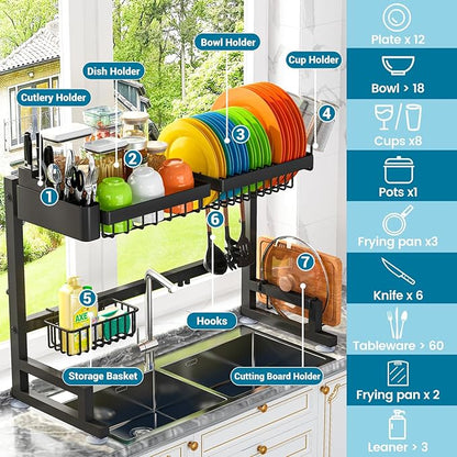 ADBIU 【Fit Sink 24.5"- 32" L 2023 Version Over Sink Dish Drying Rack (Expandable Dimension) Snap-On Design 2 Tier Large Kitchen Dish Rack Stainless Steel Counter Organization and Storage