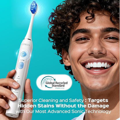 COSLUS C30 Electric Toothbrush for Adults & Kids: 3 Intensities & 5 Modes for Effective Yet Gentle Ultra-Clean Feel, 2 Types of Heads for Gentle & Daily Care, Travel & Family Use, Purple, 1PC