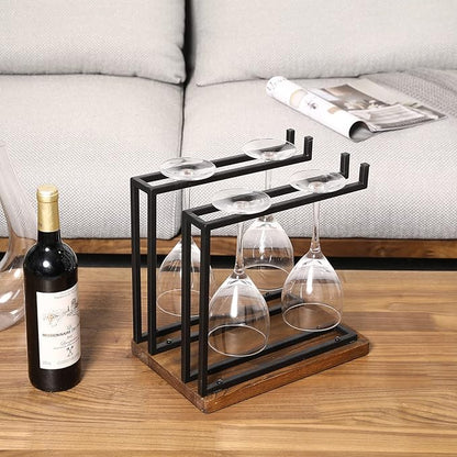MyGift Industrial Metal Wine Glass Rack Holder Stand with 2 Hanger Bars and Rustic Wooden Base, Countertop Hanging Stemware Holder