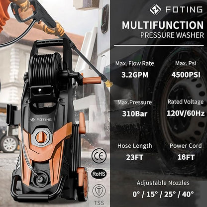 2026NEW Pressure Power Washer 4500PSI with 4 Quick Connect Nozzles, Inlet Hose & Filter, Foam Cannon for Cars/Fences/Driveways/Patios/Home Cleaning, Red