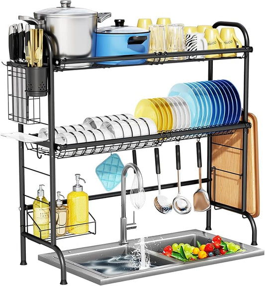 HOWDIA 3-Tier Over The Sink Dish Drying Rack,Stainless Steel Dish Rack with Cutlery Holder & Chopping Board Rack, 33.9” x 11.4” x 32.3” for Maximum Kitchen Storage（Black）