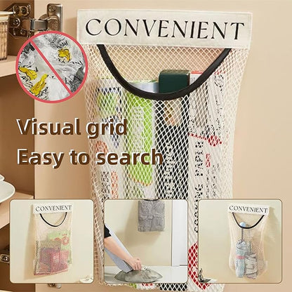 2 Pack Trash Bag Holder Dispenser Sticky Wall Mount Mesh Convenient Storage Organizer for Home Kitchen Grocery Plastic Shopping Garbage Bags Reusable Produce Tote Bag