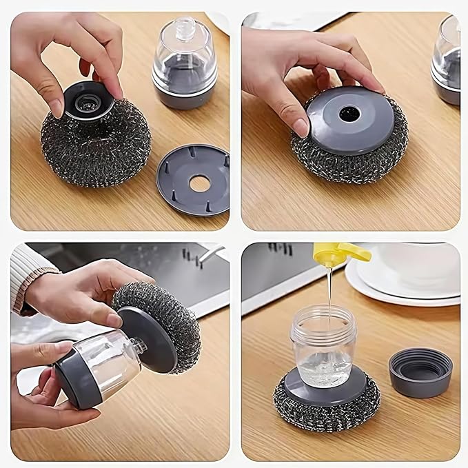 Comfort Grip Soap Dispensing Kitchen Scrub,Dish Brush with Soap Dispenser Steel Wool Scrubber,Soap Dispensing Scrubber for Dishes Pans Kitchen Sink Bathtub Tile and Household (2pcs)