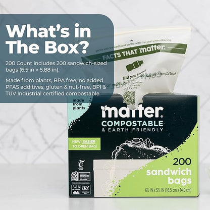 Matter Compostable Sandwich Bags for Food Storage, Eco-Friendly, Resealable, 200 Count