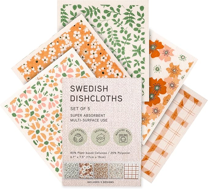 Swedish Dishcloths, Vintage Plant-Based Cellulose, 6.7x7.5 Inch, Super Absorbent, Multi-Surface, Machine Washable, Reusable, 5 Pack (Orange Green)