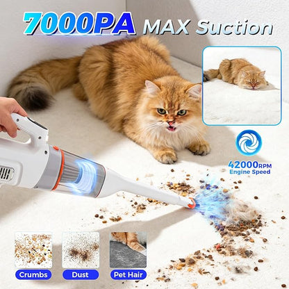 Heapsion Handheld Vacuum Cleaner Cordless, 7000Pa Suction, Portable Pet Hair Vacuum, 30-Min Runtime Rechargeable Type-C, Lightweight with Telescopic Tube for Car, Home & Office, with Telescopic Tube