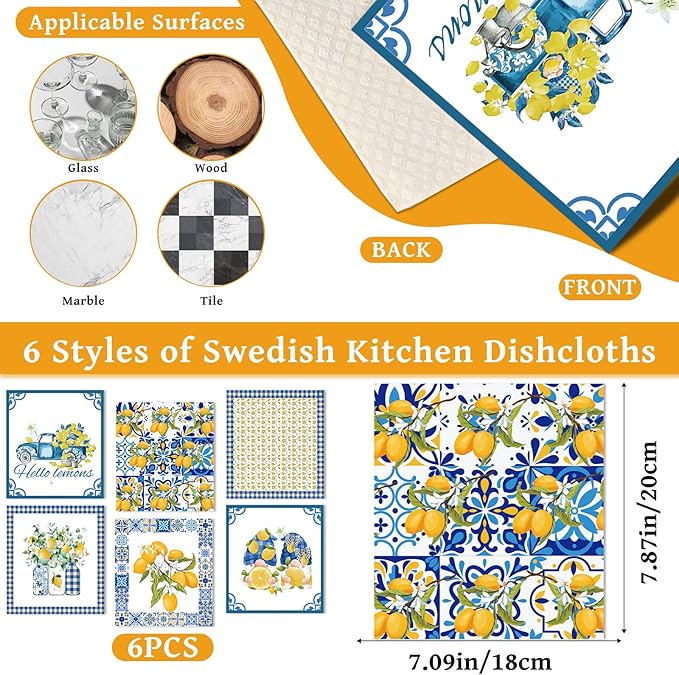Lemons Swedish Dishcloths for Kitchen, 6 Pcs Reusable Tiles Lemons Sponge Cleaning Cloths, Absorbent Summer Yellow Fruit Dish Cloths Towels Wipes for Cooking Home Decoration Housewarming Gift